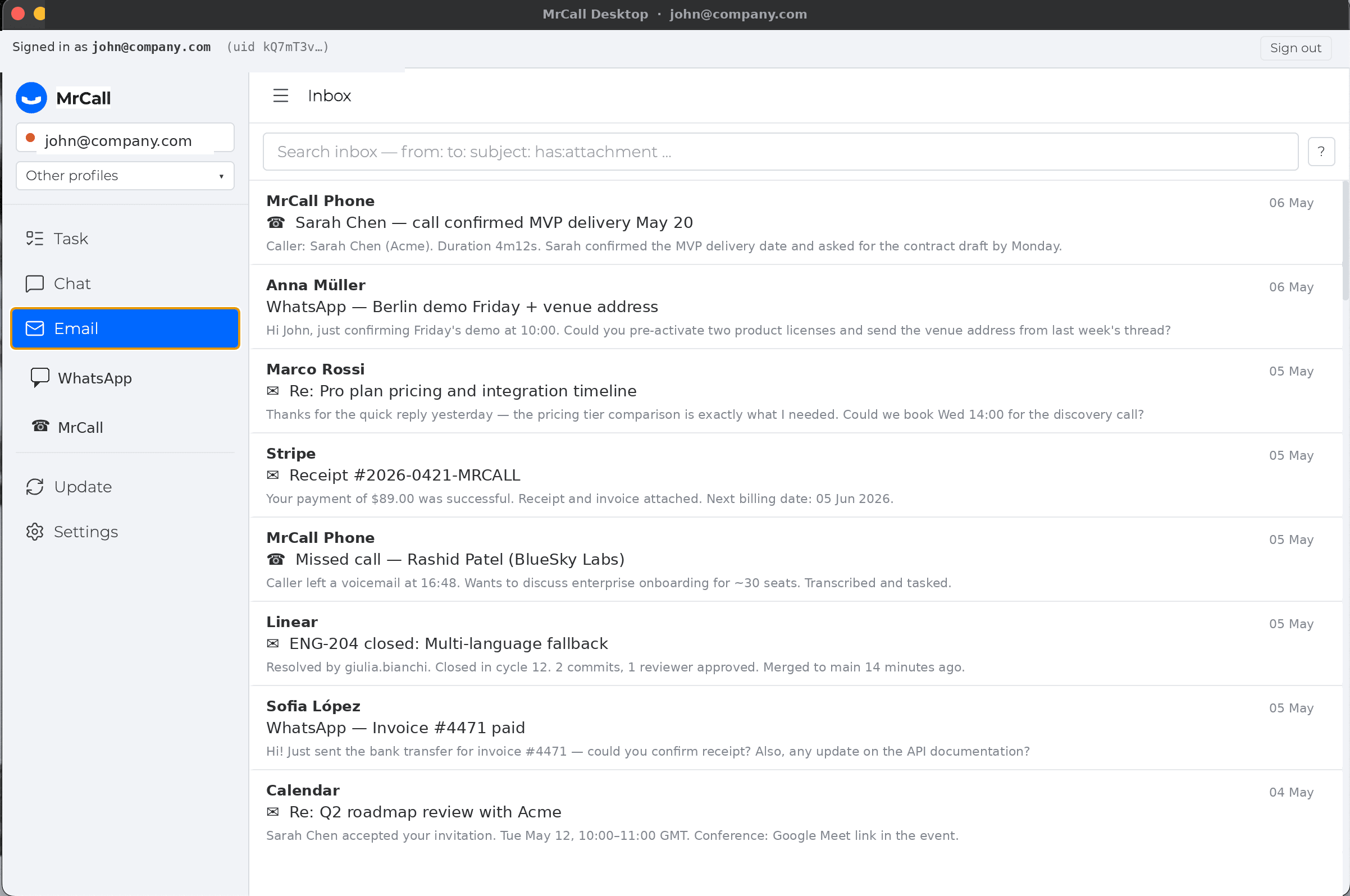 MrCall Desktop email view